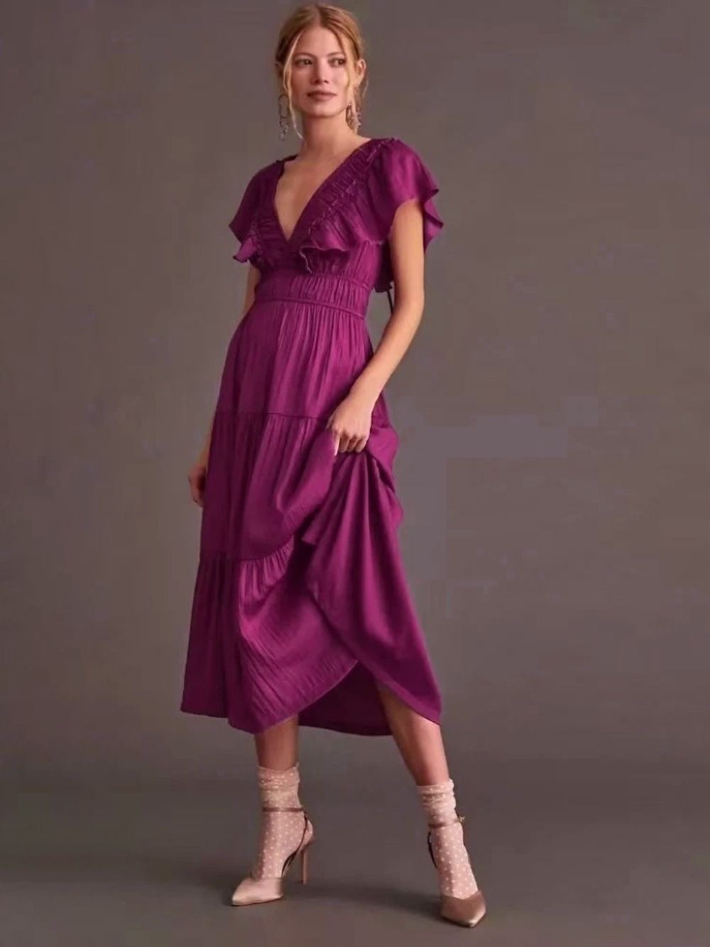 Anthropologie  Ruffled Tiered Midi Dress Pink Satin S